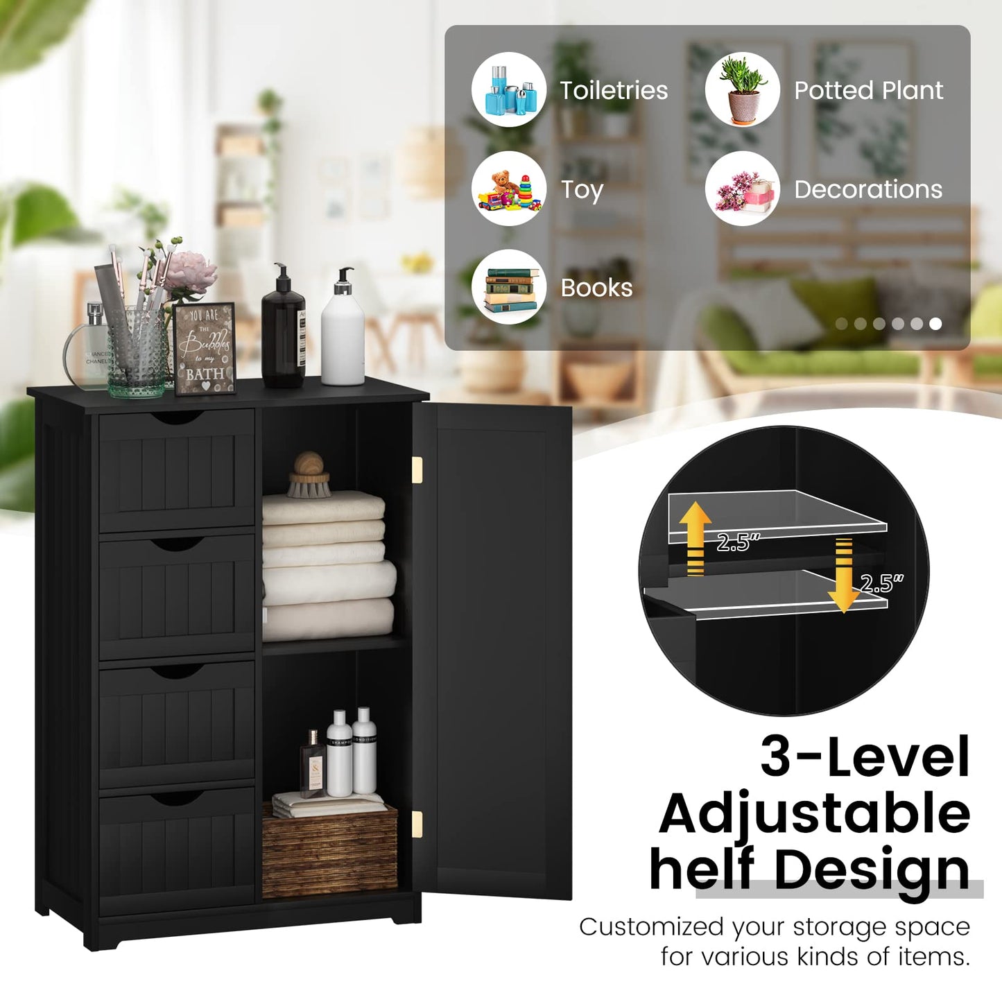 Wooden Storage Organizer with 4 Deep Drawers & Adjustable Shelf