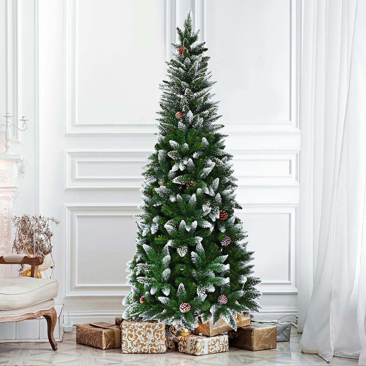 5FT Artificial Snow Flocked Pencil Christmas Tree Slim X-mas Tree with 421 Branch Tips