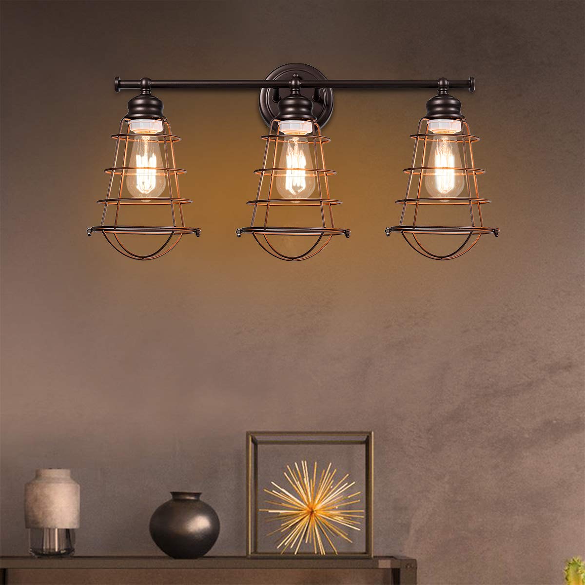 3-Light Vintage Vanity Lights, Industrial Metal Wire Cage Wall Sconces, Metal Wall Mount Lamp (Black & Golden)