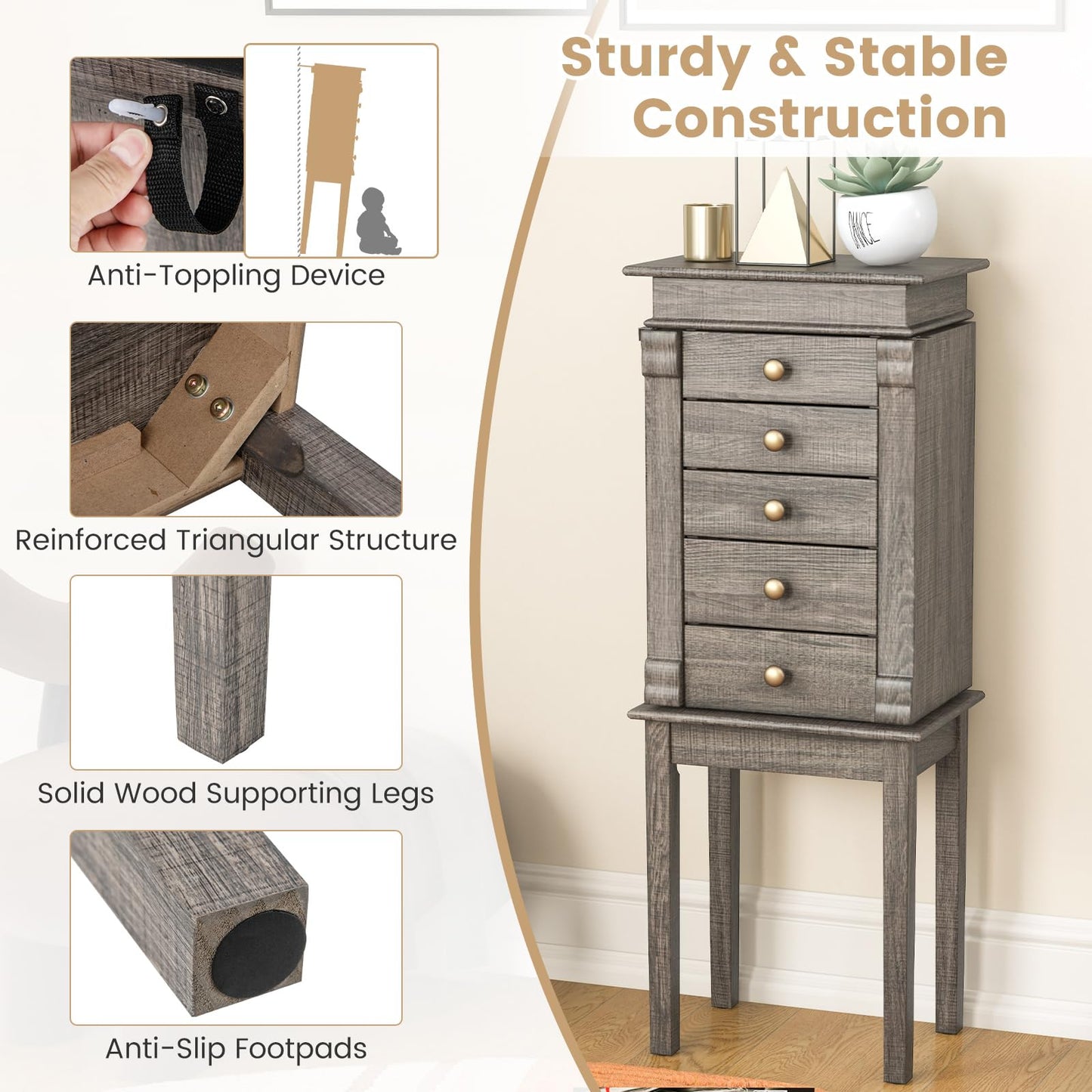 Wooden Jewelry Storage Chest with 5 Drawers for Women