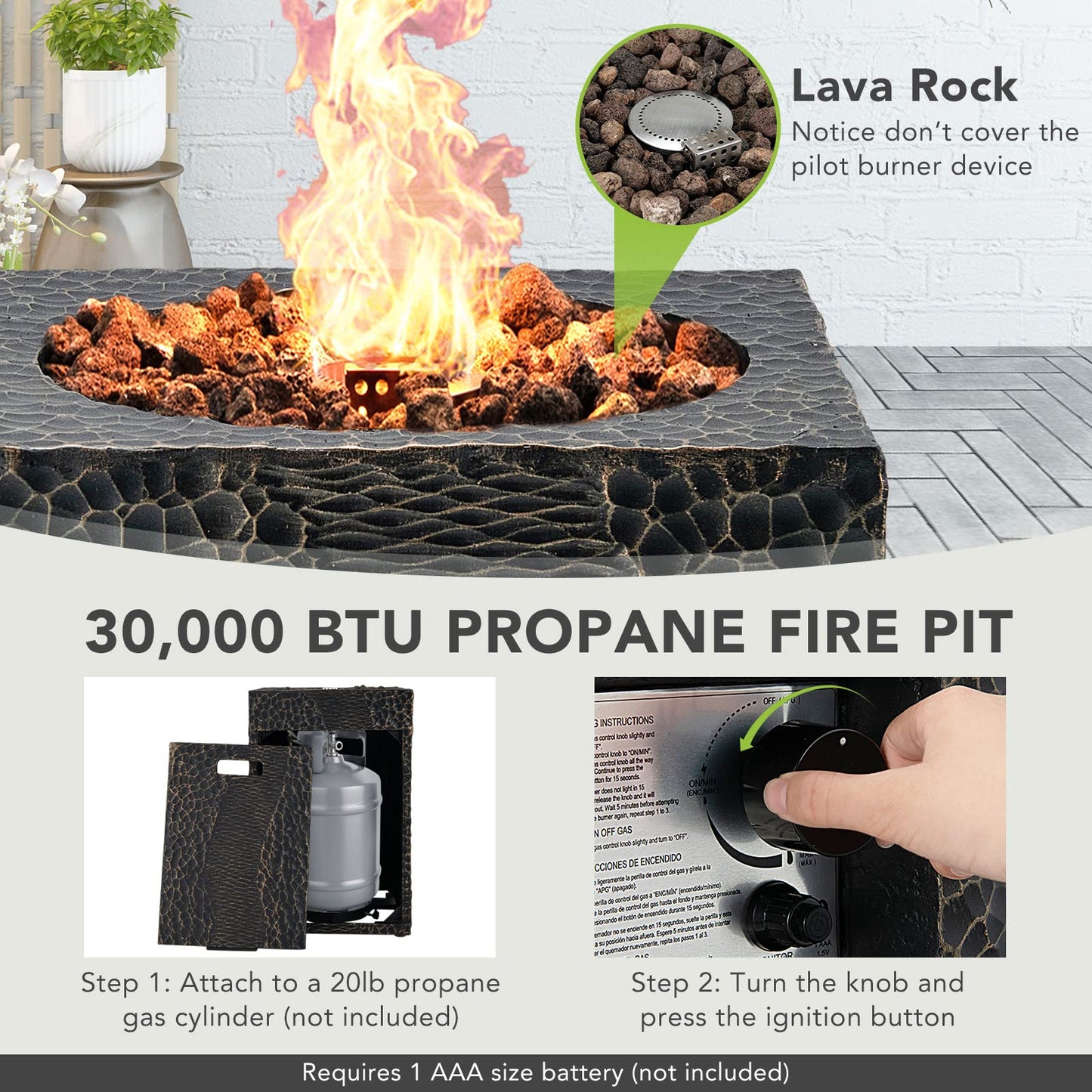 Fire Pit for Outside 16’’Gas Fireplaces 30,000 BTU Electronic Ignition Square with Lava Rocks