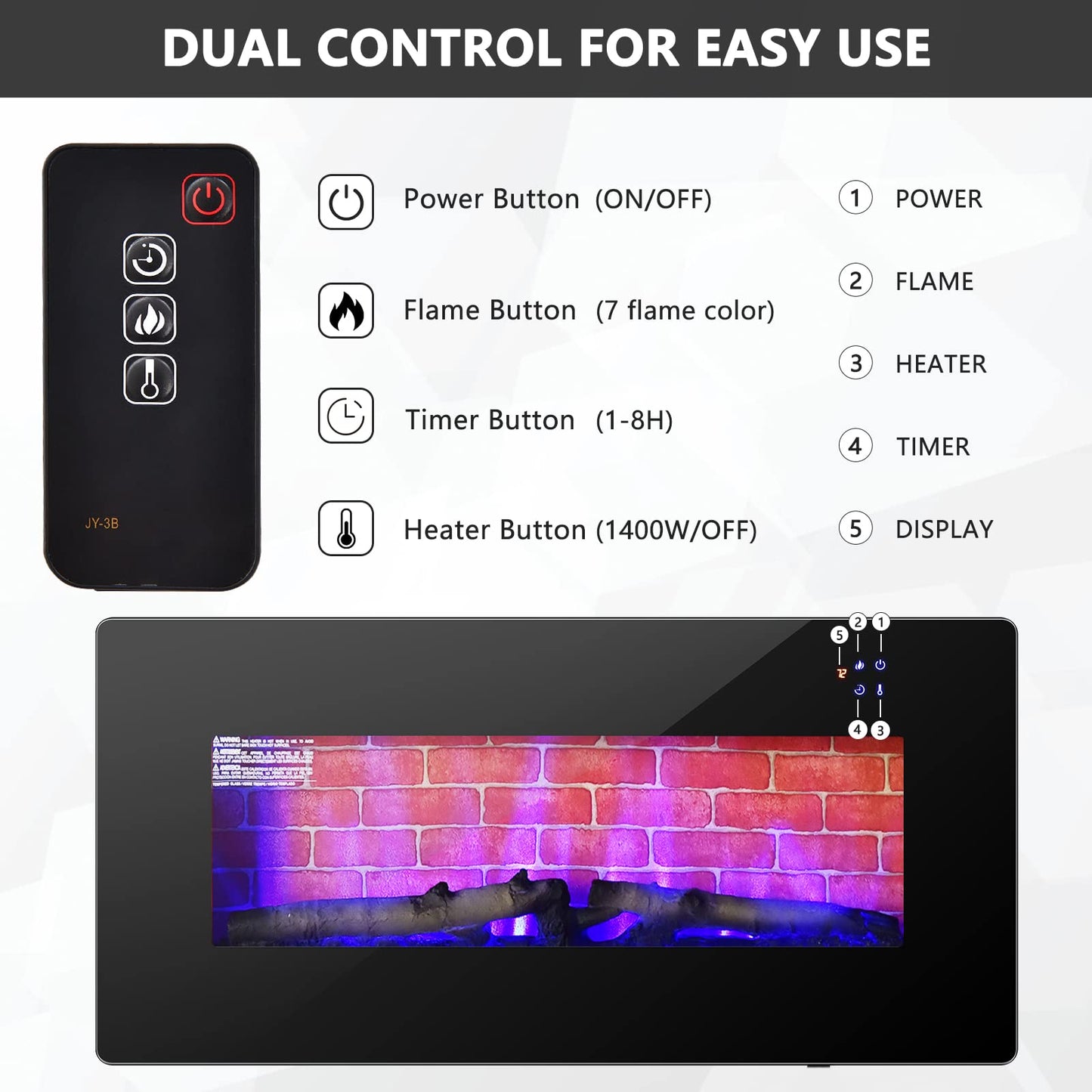 36 Inches Electric Fireplace Wall Mounted and Freestanding Fireplace Heater