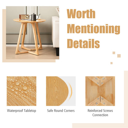 24” Round Side Table Solid Rubber Wood End Table Compact Tea Table Beside Sofa or Bed
