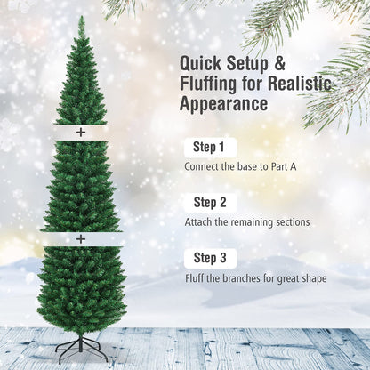 7FT Pencil Christmas Tree Slim Skinny Hinged Pine Tree with PVC Material