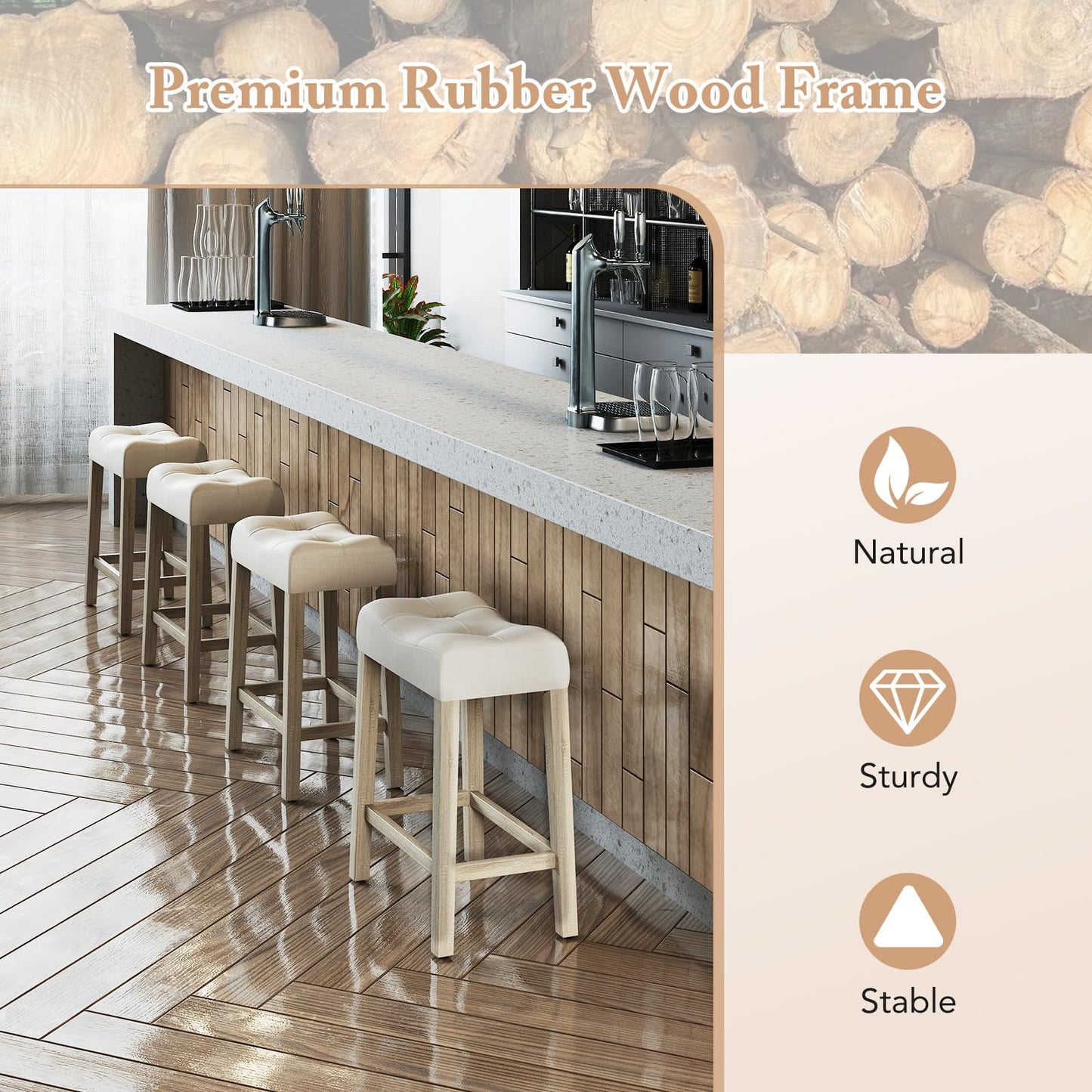 Wooden Saddle Stools Set of 4 with Solid Rubber Wood Legs