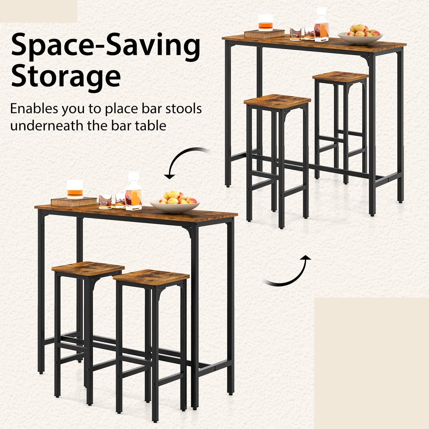 3-Piece Industrial Bar Table Set for 2 Counter Height Pub Table with 2 Stools