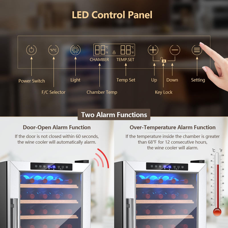 20 Inch Wine Cooler, 33 Bottles Wine Refrigerator with 2-Layer Tempered Glass Door & Dual Alarm Function