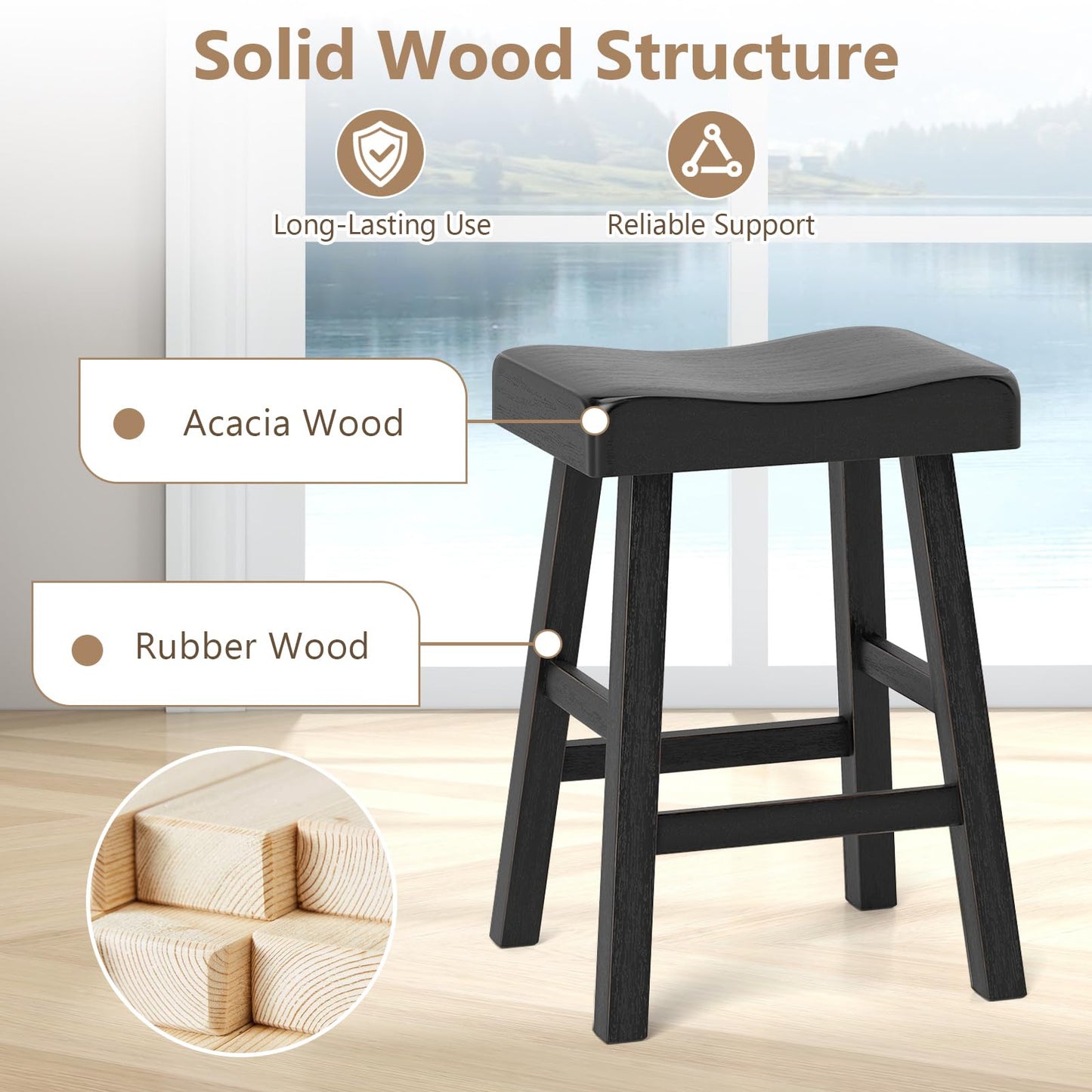 Solid Wood Saddle Stools Set w/Curved Seats Footrests