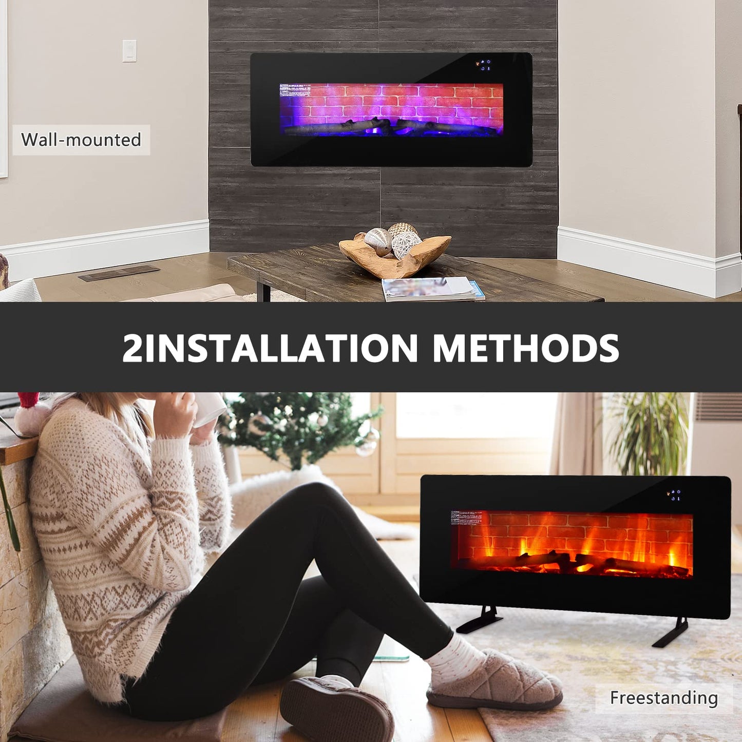 42 Inches Electric Fireplace Wall Mounted and Freestanding Fireplace Heater with Remote
