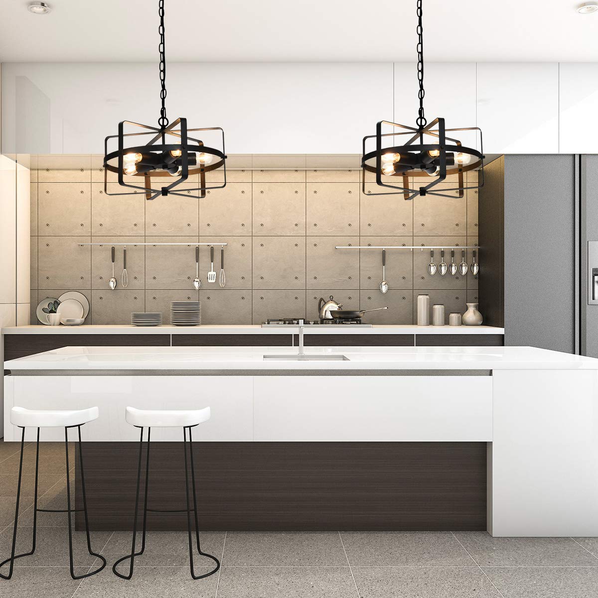 ARLIME 5 Lights Chandelier, Industrial Style Drum Shape Round Ceiling Lamp