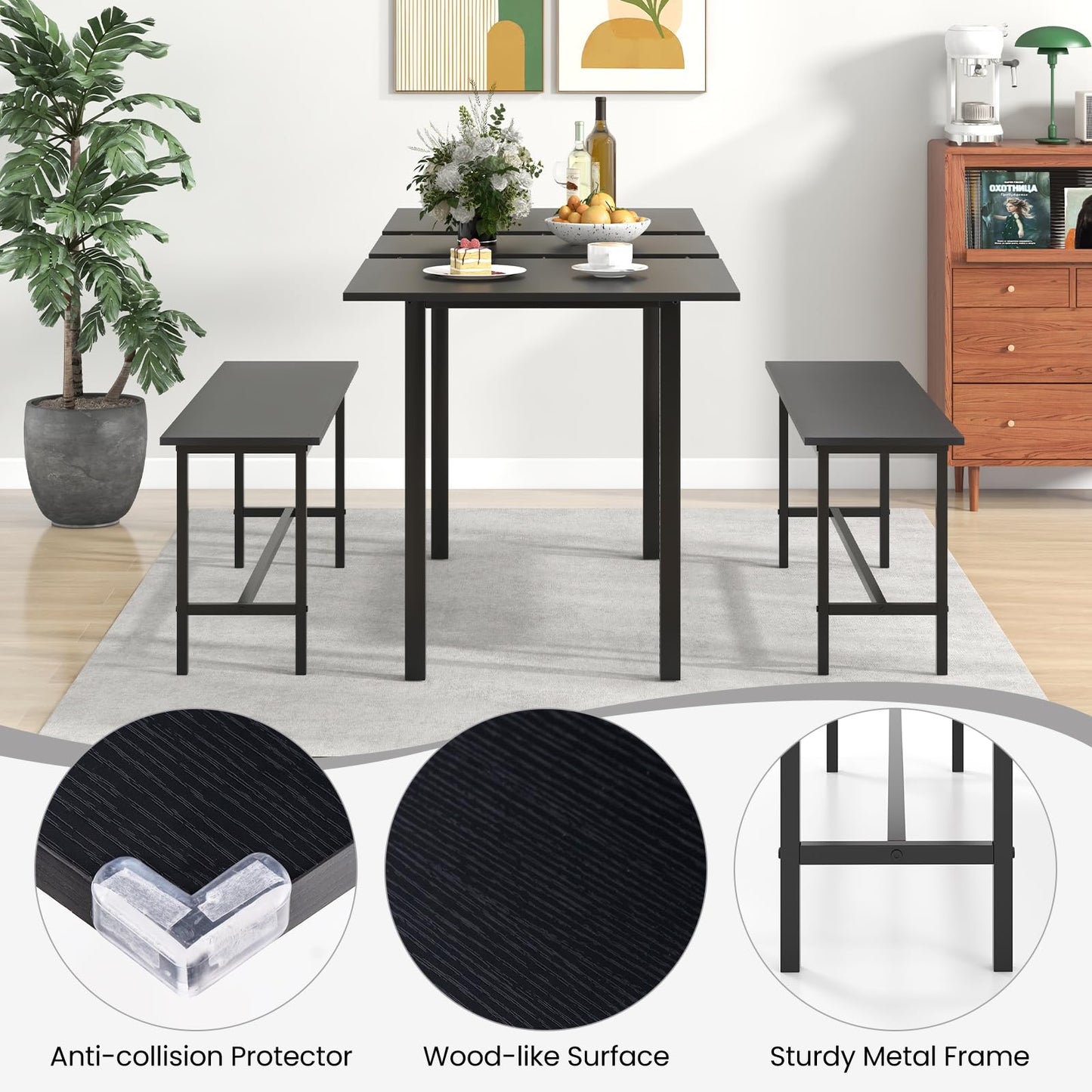 63” Extendable Kitchen Table Set with 2 Benches for Small Space