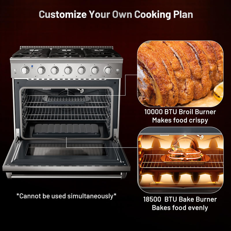 36 Inches Natural Gas Range, with 6 Burners Cooktop & 6 Cu.Ft. Convection Oven, Storage Drawer