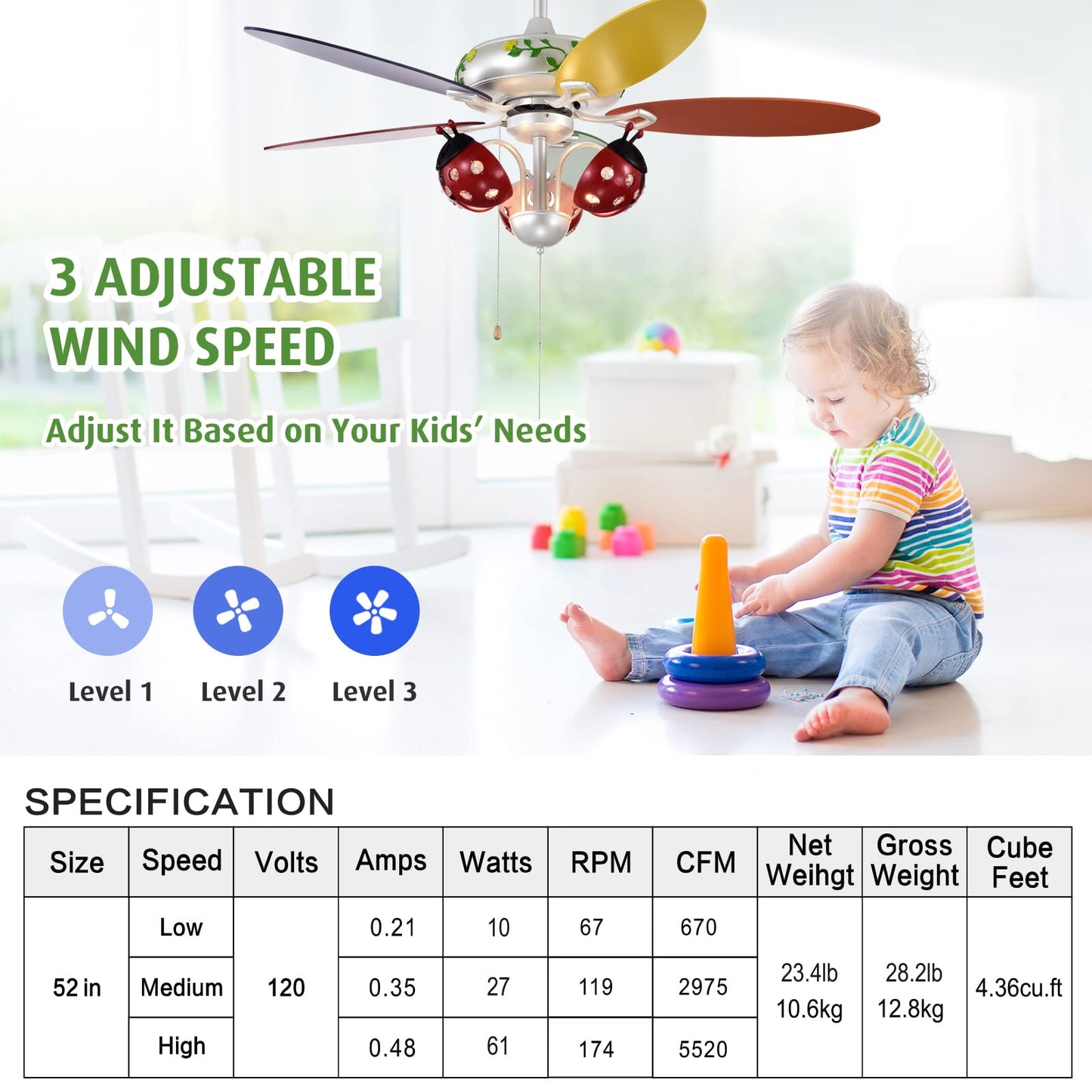 52" Ceiling Fan with Pull Chain Control, Kids Fan Light with 5 Colorful Blades and 3-Speed