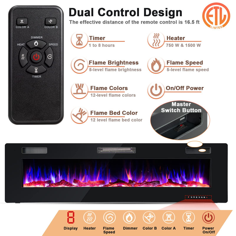 ARLIME 60 Inches Ultra-Thin Electric Fireplace 750W/1500W Recessed & Wall Mounted