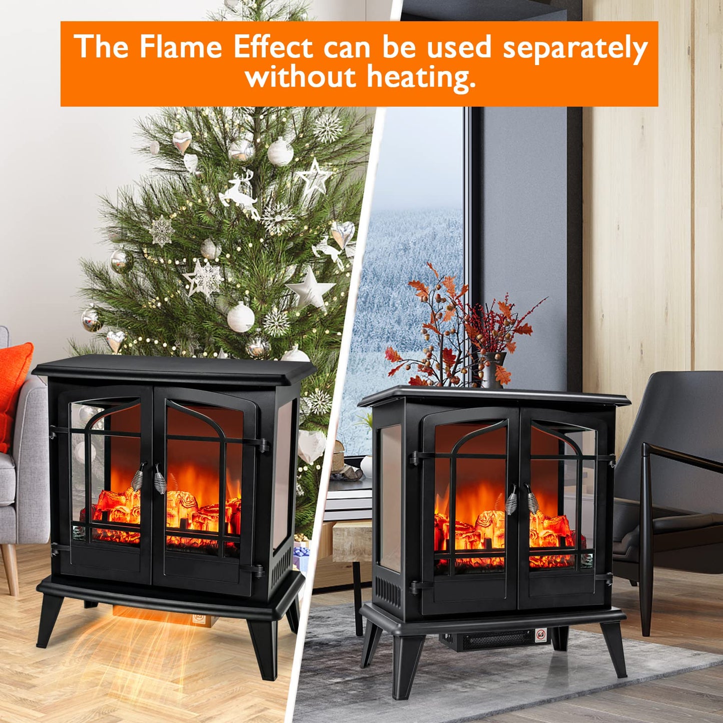 25 Inches Electric Fireplace Stove, 1400 W Freestanding Fireplace Heater, Indoor Electric Stove Heater