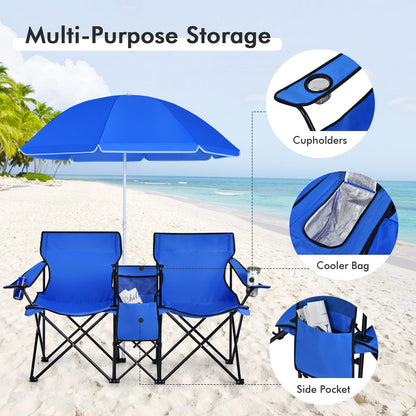 Portable Folding Picnic Double Chair W/Umbrella Table Cooler Beach Camping Chair