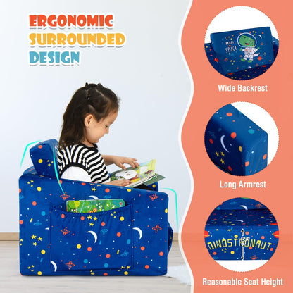 2-in-1 Convertible Sofa to Lounger for Children with Side Storage Pocket Flip Open Couch & Sleeper with Cut Patterns