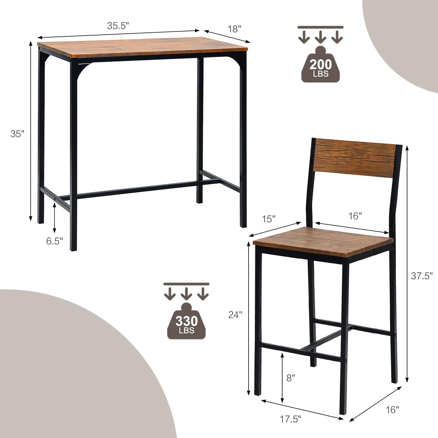 3 Pieces Bar Table Set Pub Table Set W/Heavy Duty Steel Frame