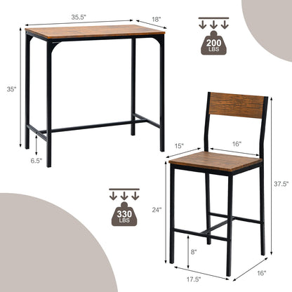 3 Pieces Bar Table Set Pub Table Set W/Heavy Duty Steel Frame