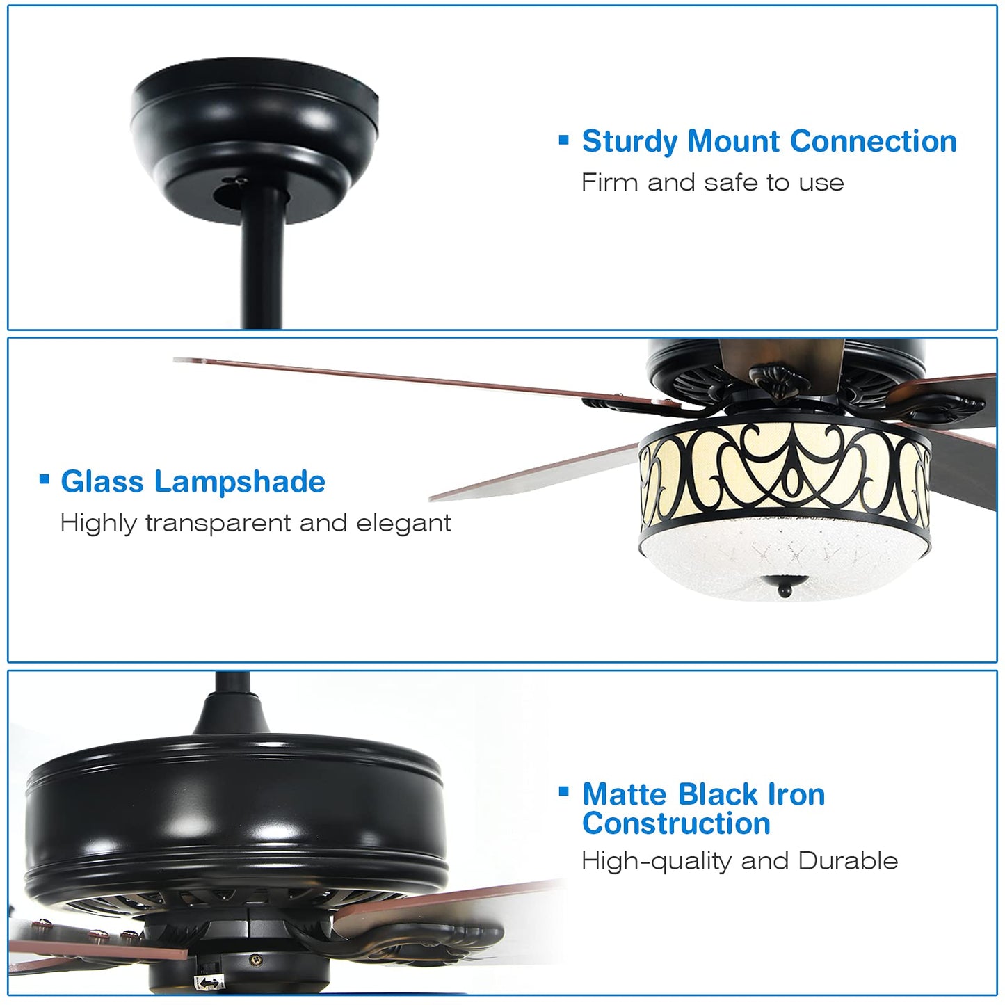52” Ceiling Fan w/Lights & Remote Control, Lighting Fan w/5 Reversible Blades, 3 Wind Speed