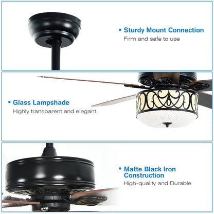 52” Ceiling Fan w/Lights & Remote Control, Lighting Fan w/5 Reversible Blades, 3 Wind Speed