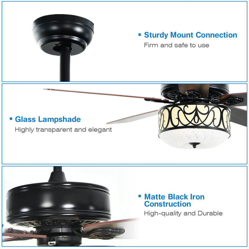 52” Ceiling Fan w/Lights & Remote Control, Lighting Fan w/5 Reversible Blades, 3 Wind Speed
