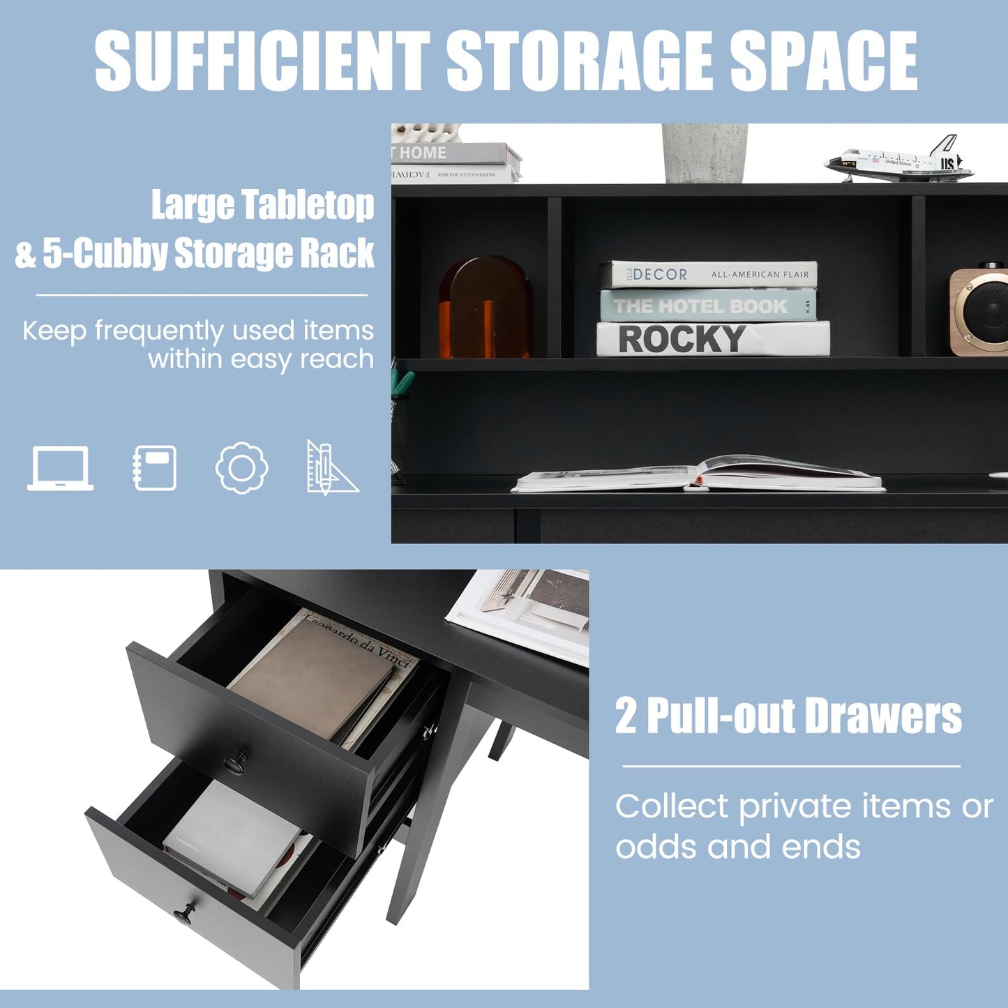 Writing Desk with USB Charging Ports & Power Outlets 48" Computer Desk with Drawers & 5-Cubby Hutch