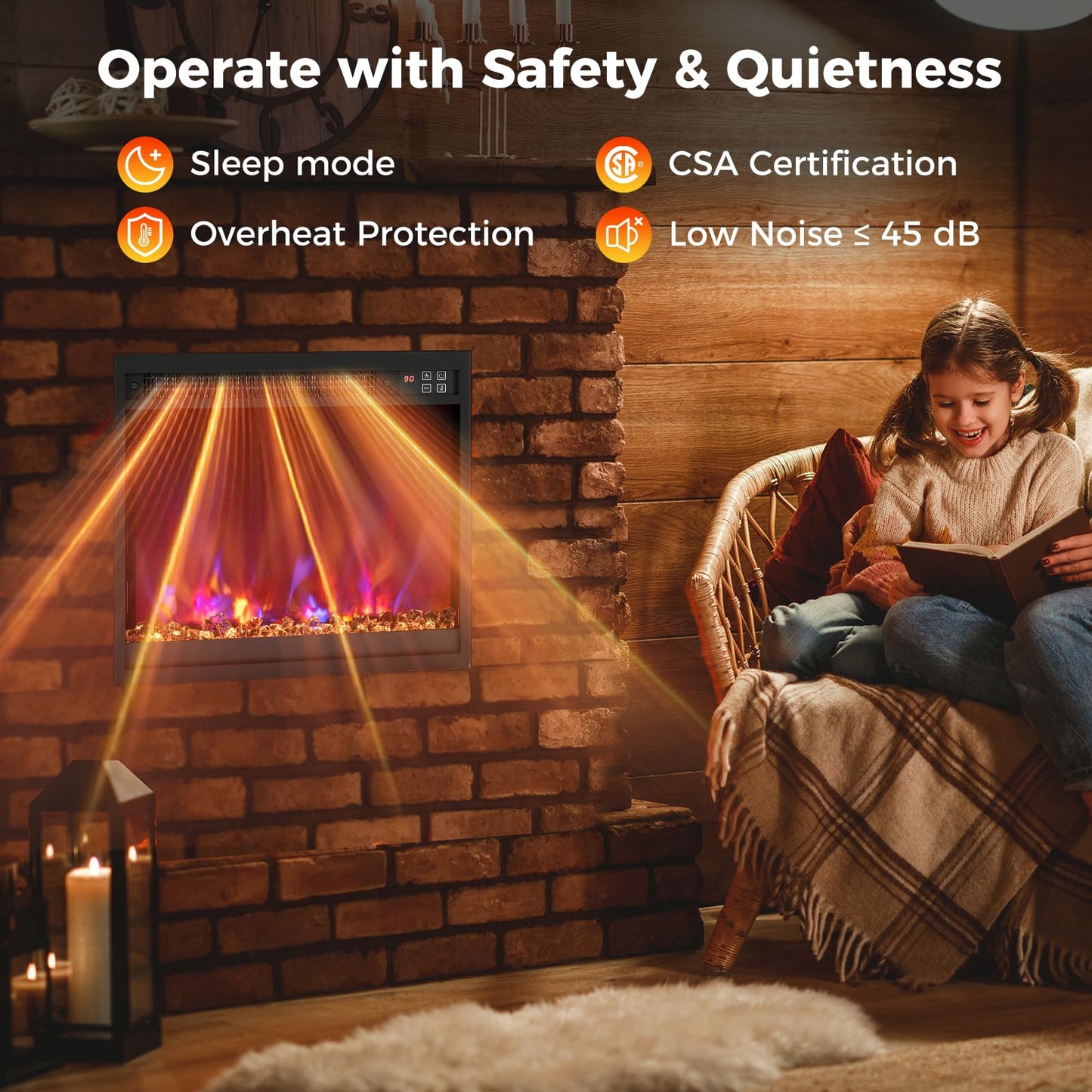 18 Inch Recessed Fireplace Heater Electric Fireplace Insert w/Multi-Color Flame & Crystal Ember Bed