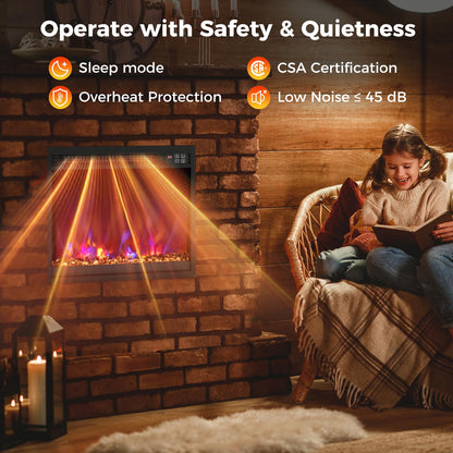 18 Inch Recessed Fireplace Heater Electric Fireplace Insert w/Multi-Color Flame & Crystal Ember Bed