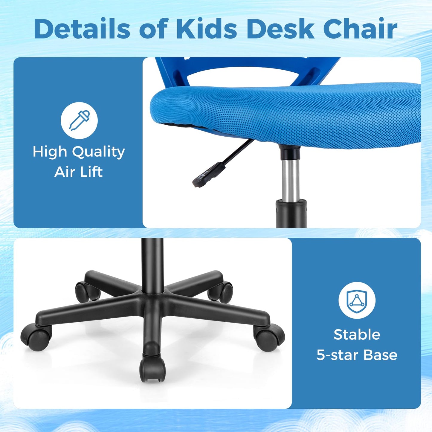 Height-Adjustable Ergonomic Kids Desk Chair Swivel Armless Task Chair w/Universal Casters