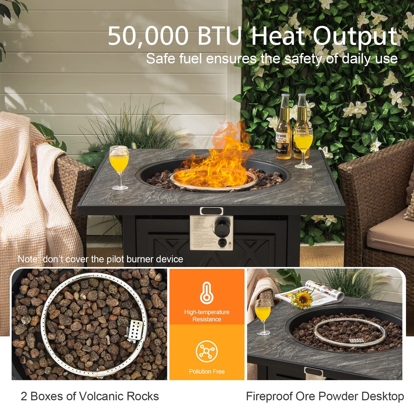 50,000 BTU/14.65KW Fire Pit Table with Waterproof Cover