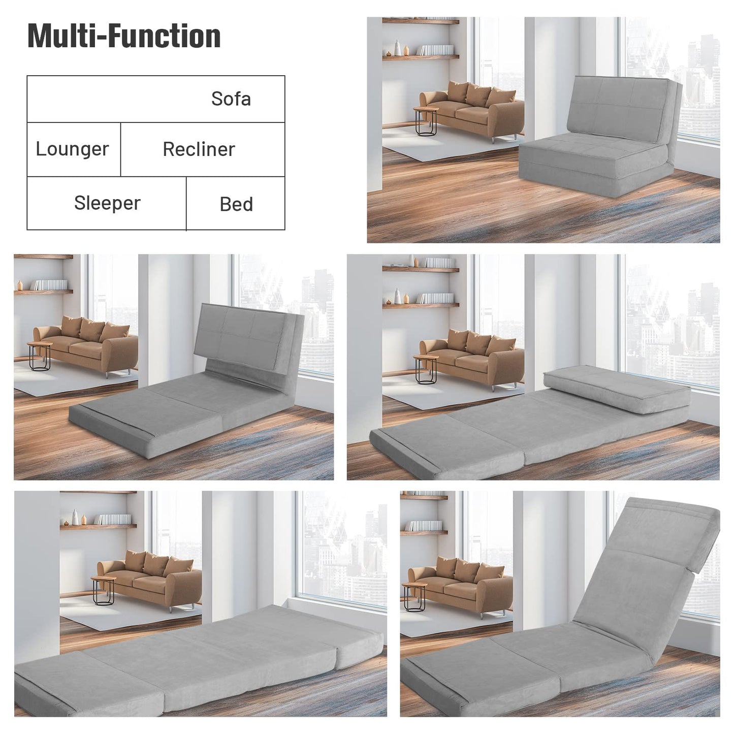 Convertible Flip Chair 5-Position Adjustable Triple Fold Down Sofa Bed