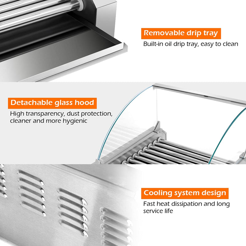 Hot Dog Roller Machine, 11 Non-Stick Rollers 30 Sausage Grill Cooker with Removable Stainless Steel Drip Tray
