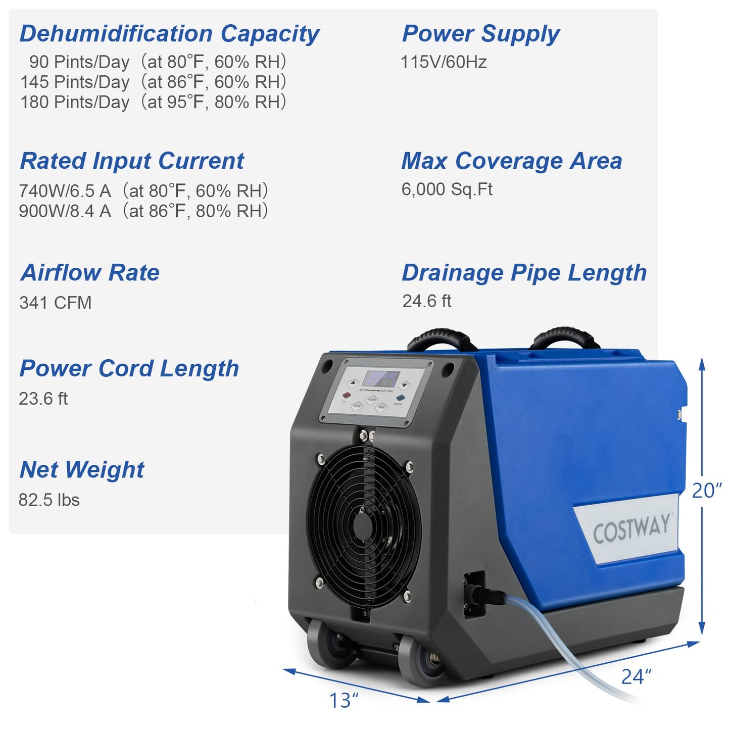 180 PPD Commercial Dehumidifier, Industrial Dehumidifier with 24.6ft Drain Hose, Pump, Auto Defrost & Memory Starting