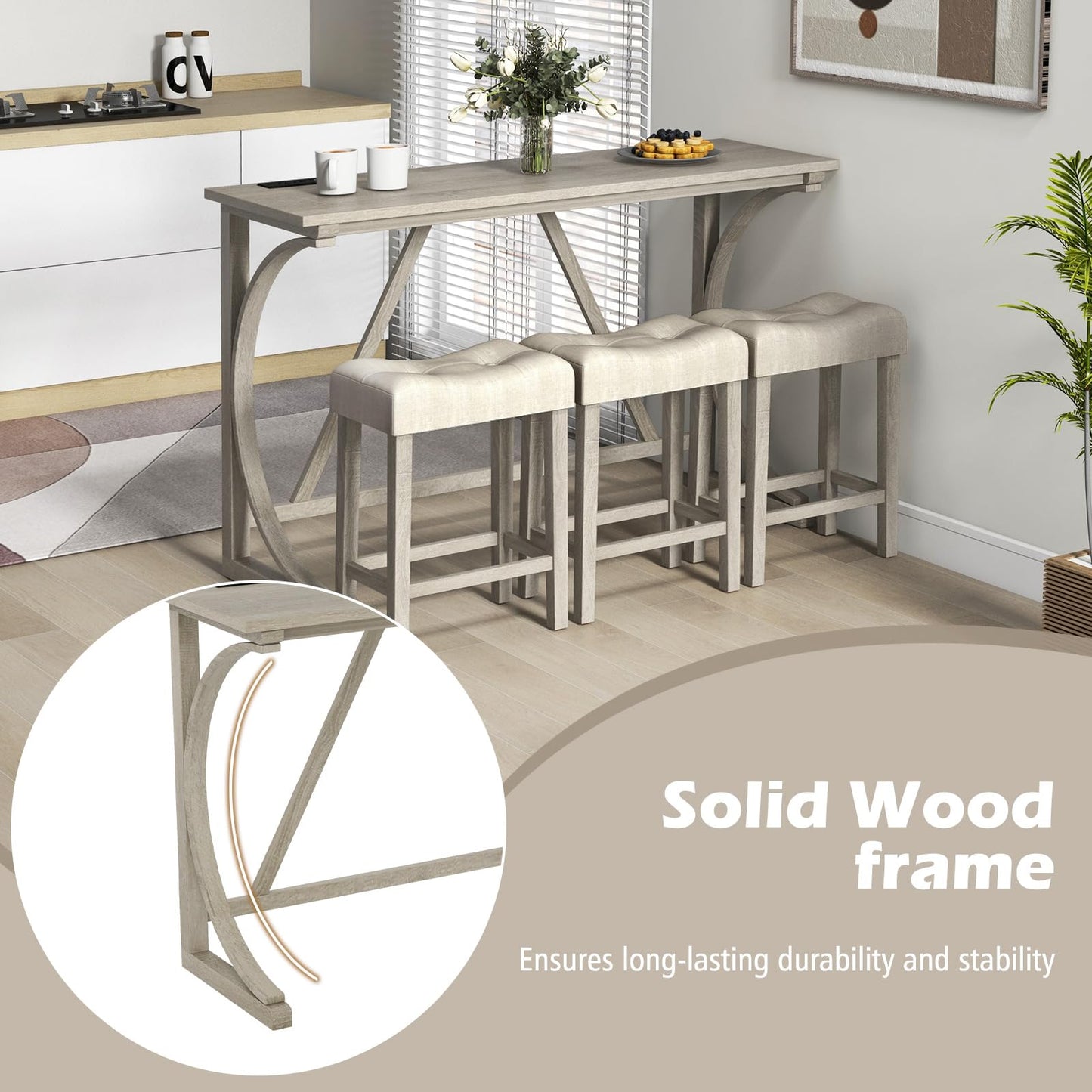 4 Piece Farmhouse Bar Table Set with Power Outlet for Kitchen