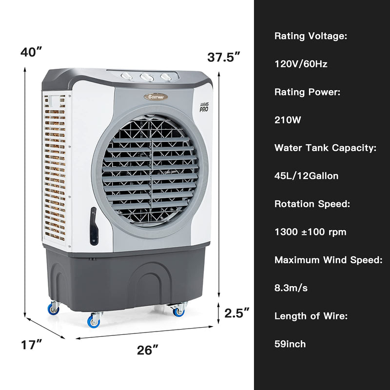 Evaporative Air Cooler, 4-in-1 9740 CFM Swamp Cooler with 100°Oscillation, 210W Cooling Fan