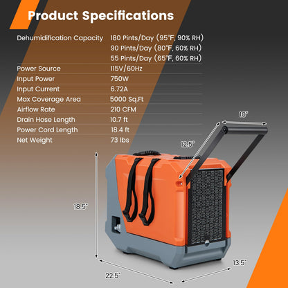 180 PPD Commercial Dehumidifier, with Pump & Drain Hose, Industrial Dehumidifier with Auto Defrost