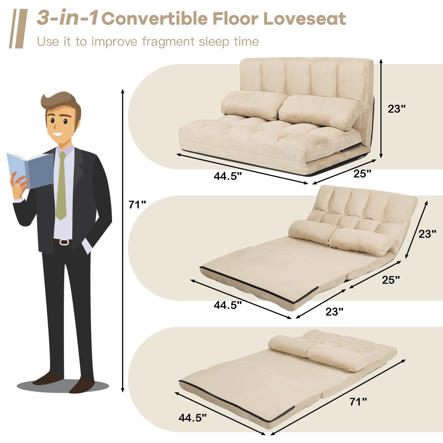 Convertible Floor Sofa Couch with 2 Pillows