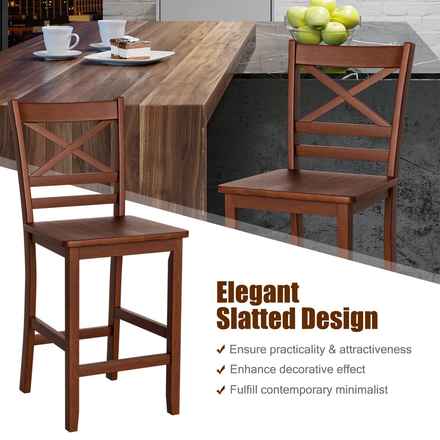 Antique Kitchen Counter Height Chairs with Wooden X-Shaped Backrest & Rubber Wood Legs