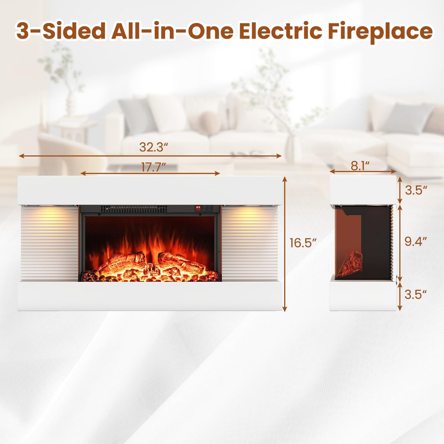 32 inch 3 Sided Glass Electric Fireplace with Floating Mantel