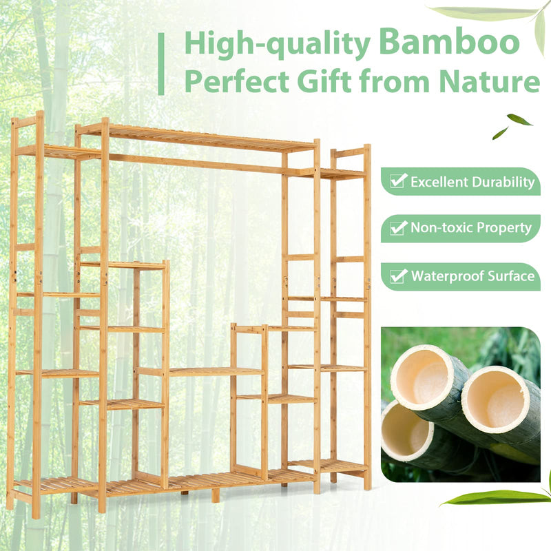 Bamboo Plant Stand with Hanging Rack & Anti-Dumping Device 2-In-1 High-Low Plant Holder Shelf