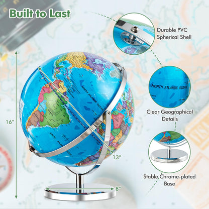 Illuminated World Globe 13” Desktop Geographic Globe w/LED Light & Easy-to-Read Clear Map for Students