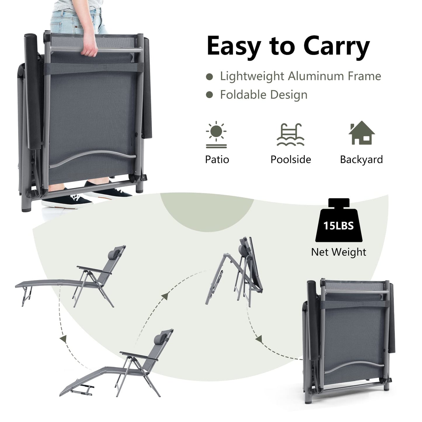 Folding Aluminum Lounge Chair Outdoor Pool Lounger with 8-Position Adjustable Backrest & Ergonomic Headrest