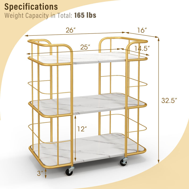 Gold Rolling Bar Cart 3-Tier Kitchen Utility Cart