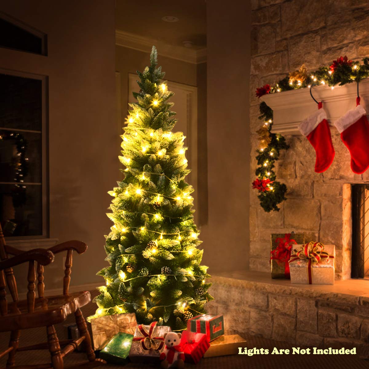 6FT Artificial Snow Flocked Pencil Christmas Tree Slim X-mas Tree with 630 Branch Tips