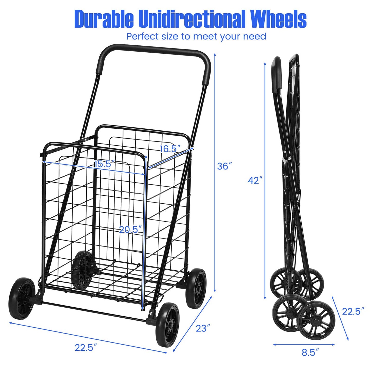 Heavy Duty Grocery Utility Cart with Foam Wrapped Handle & Large Wheels