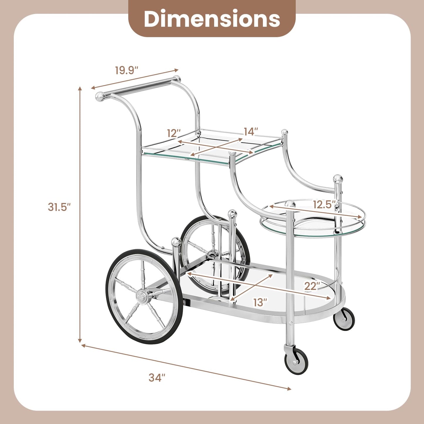 Rolling Serving Cart with 3 Tier Shelf for Hotel