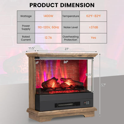 Electric Fireplace with 3-Sided Glass 27-inch Wide, 1400W Freestanding Fireplace Heater with Remote Control