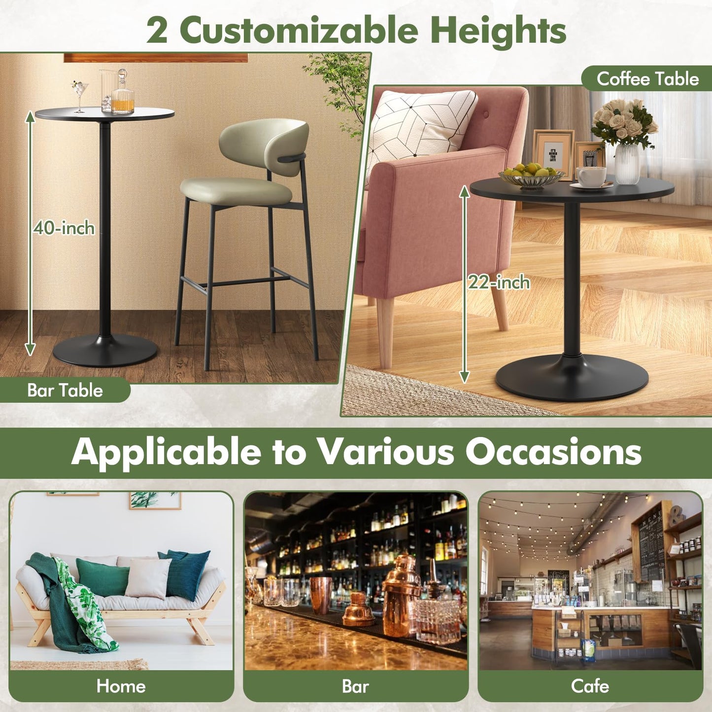 Round Bistro Table Height Adjustable with Heavy-Duty Metal Base