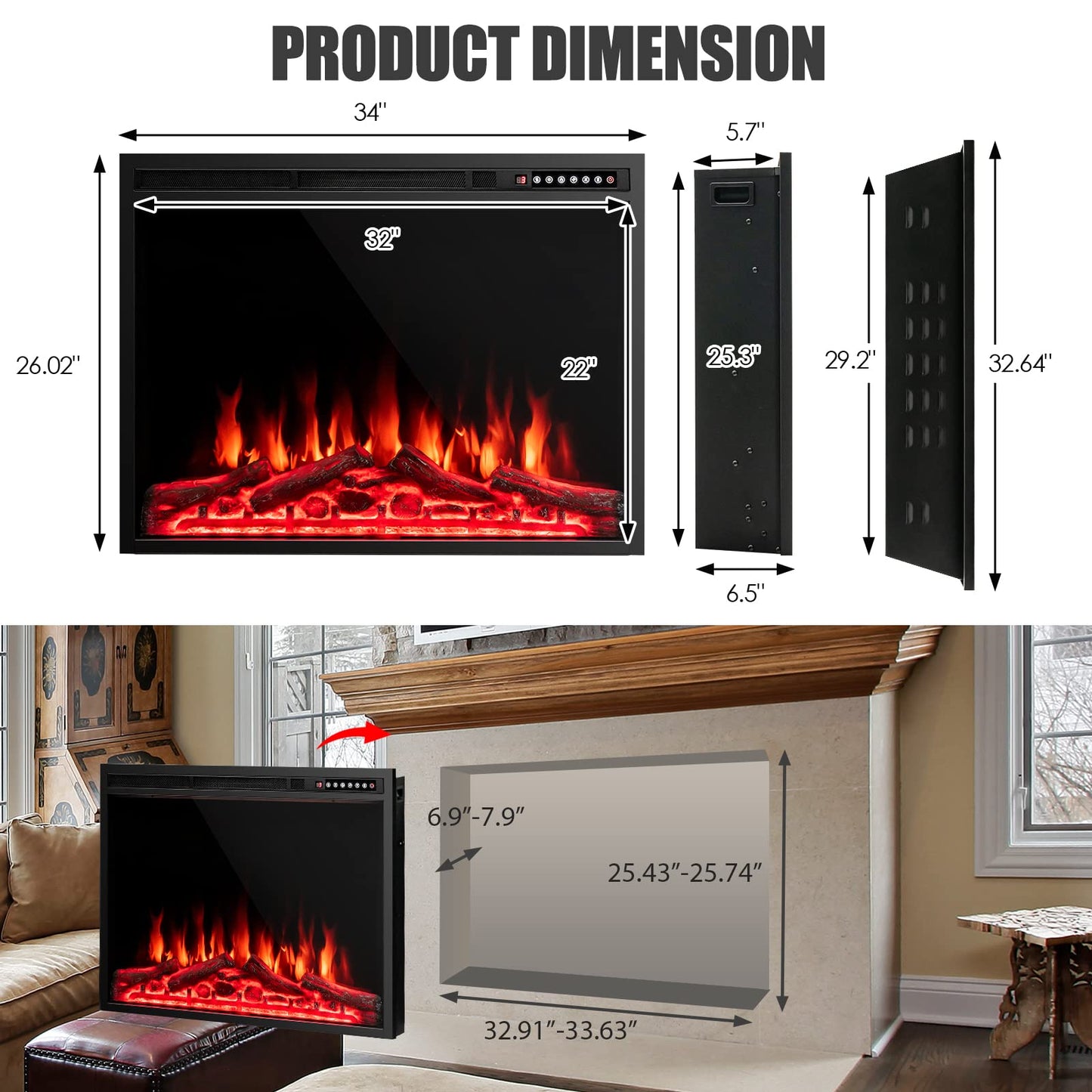 34-Inch Electric Fireplace, Wall-Mounted and Recessed Fireplace Heater with 4 Flame and Log Colors